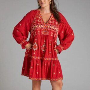 Anthropologie Embroidered Tunic Niamh Dress Red Motif Sleeve Tunic sz M
